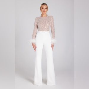 NWT Nadine Merabi Amelia Jumpsuit - size M - Bridal Sequin & Feathers